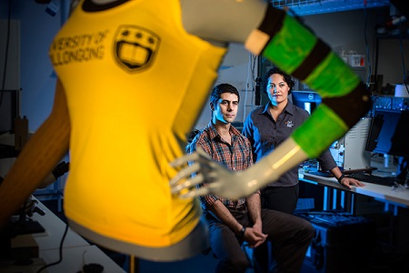 Dr Sheridan Gho (right) and Michael Weaver with their 'Lymph Sleeve' prototype. (Image: UOW)