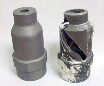LEFT: Stainless steel full cone nozzle. RIGHT: Same nozzle after spraying with limestone slurry. The erosion and corrosion occurred in less than 2 weeks, demonstrating the need for choosing the correct nozzle material to suit the conditions.