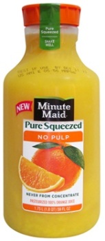 USA: Minute Maid Pure Squeezed. No pulp. Pasteurised 100% orange juice, Never from concentrate