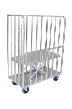 A bulk delivery trolley with a back-saving rising base.
