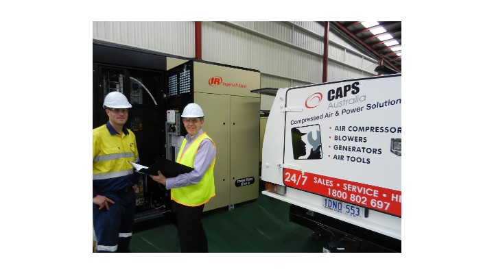 CAPS Australia technicians servicing an oil-free air Ingersoll-Rand compressor.