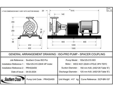 Southern Cross - 150x125-315 ISO Pro End Suction Pump | Spacer Coupling & Galv Base 