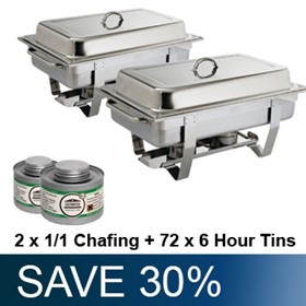 Chafing Combo 2 x 1/1 Stainless Steel Chafing Dish + 72 x 6 Hr Tins
