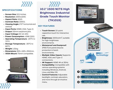 APS Technology Australia - 10.1" 1500 NITS High Brightness Industrial-Grade Touch Monitor -TK1019