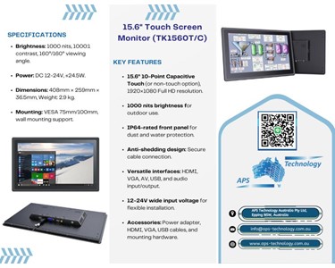 APS Technology Australia - 15.6" Touch Screen Monitor (TK1560T/C)