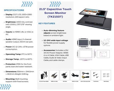 APS Technology Australia - 21.5" Capacitive Touch Screen Monitor (TK2150T)