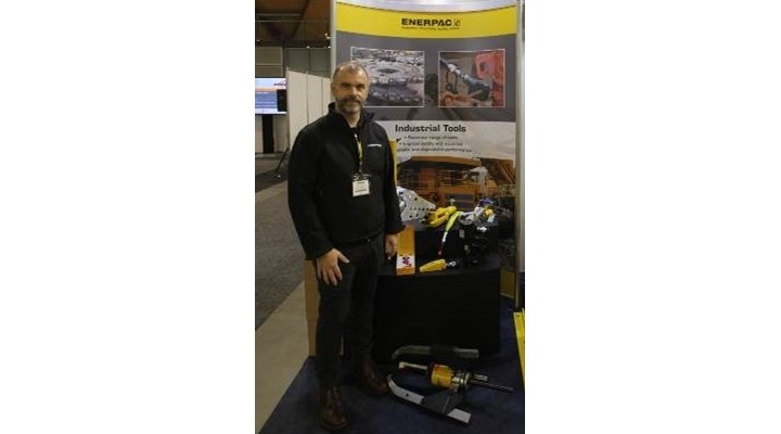 Enerpac Asia-Pacific Marketing Manager and Goal Zero safety team member Mr Antony Cooper with some of the Industrial Tools on display at AIMEX 2017