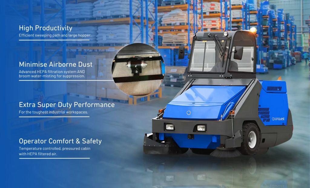 Conquest equipment super duty industrial sweeper for manufacturing, construction, food, logistics, building services companies in Melbourne, Sydney, Perth, Adelaide and Brisbane