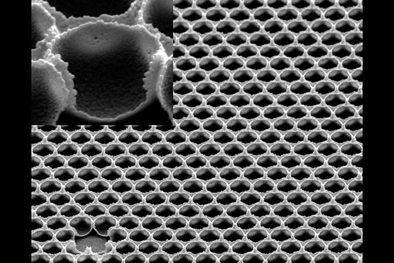 The tiny, tightly packed cells of the honeycomb structure, shown here in this electron micrograph, make the SLIPS coating highly durable.