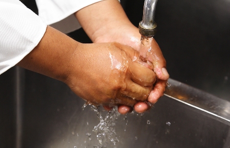 "Good and thorough hand washing removes dirt, leftover food, grease and harmful bacteria and viruses from your hands preventing them from spreading to food, work surfaces and equipment."