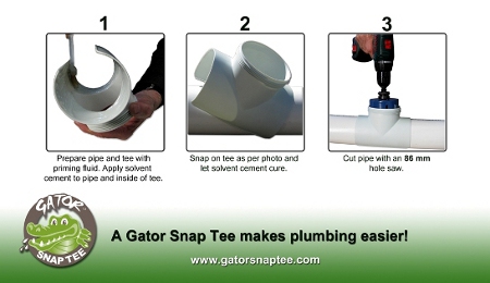 The Gator Snap Tee is a 90mm diameter T junction joiner used for domestic and commercial plumbing applications.