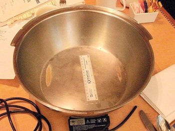 The chafing dish was a stainless steel bowl that had an electrical element attached to its bottom, which included a cord and a thermostat.