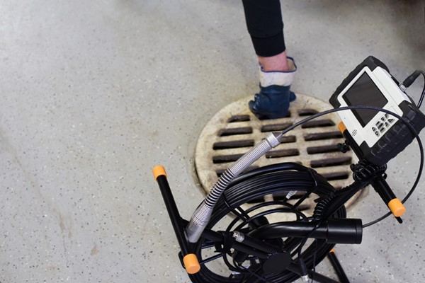 A person standing by a drain cover, using an inspection camera with a coiled cable and portable monitor on a gray speckled floor.