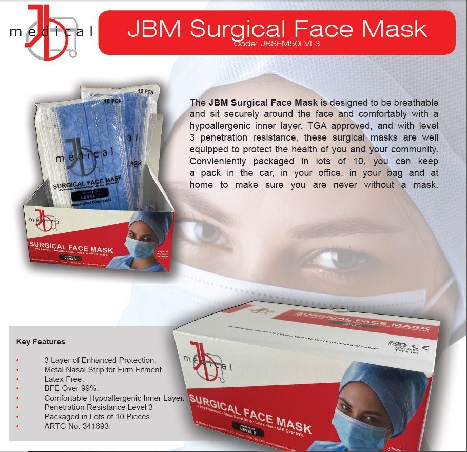 JB Medical Level 3 Surgical face masks with ear loops per box of 50