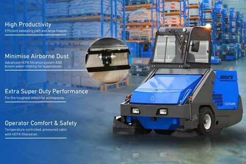 Conquest equipment super duty industrial hepa floor sweeper for manufacturing, construction, food, logistics, building services companies in Melbourne, Sydney, Perth, Adelaide and Brisbane