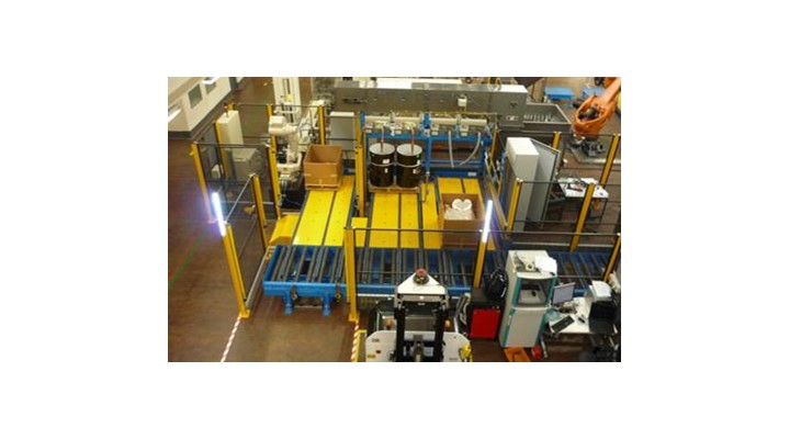 Fully integrated palletising and packaging cell with robotic pick and place and AGV's