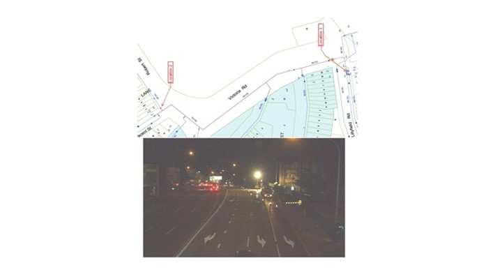 Location 1, junction of Lillyfield road and Victoria Road was on the 600mm TM where as Location 2 Robert St, was on a new Hydrant on a 300mm off take; the photo above is a view from the footbridge over Victoria Rd.