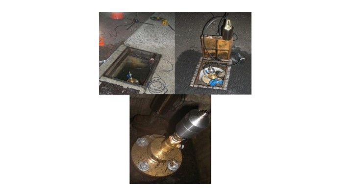 Red Sensor A was fitted to the Hydrant at Location 1 as shown (top left); Yellow Sensor B was fitted to the Hydrant at Location 2 (top right); The spring Hydrants were removed and Adaptor plates fitted to allow an optimum sound transfer connection of the Hydrophones (bottom).