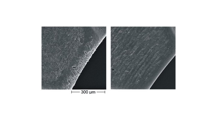 Figure 4: in direct comparison: retainer surface made of Torlon 4301 (left) and made of PAIPTFE-cg (right).