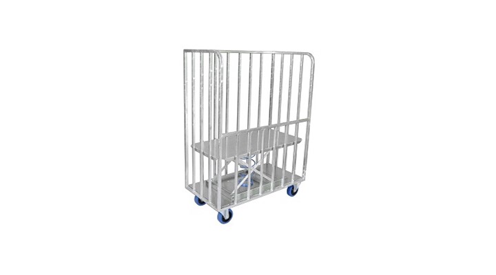 Bulk delivery trolley with a back-saving rising base.