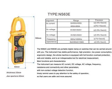Current & Voltage Clamp Meter 190x62x32mm | NS63E 