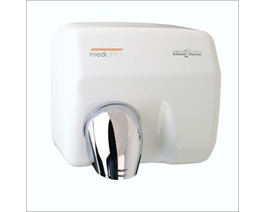 Mediclinics - Hand Dryer | Saniflow hand dryer, rotating nozzle, auto. White steel.