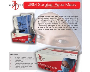 JB Medical - Level 3 Surgical face masks with ear loops per box of 50 masks 