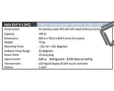 Halo - KUF 9-1  198 Lt | Under Bench Freezer 