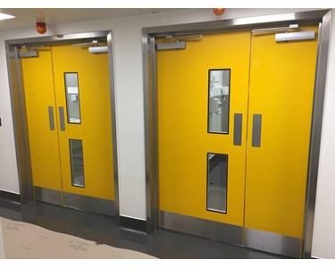 Unequal panel hinged GRP doors by DMF