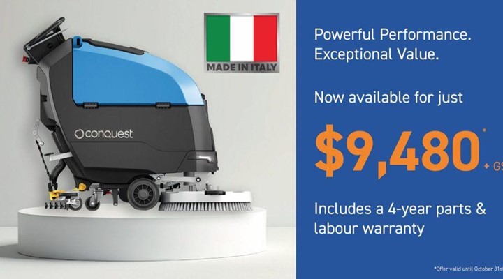 HDS50 Floor Scrubber – Italian-made quality with limited-time pricing from Conquest Equipment.