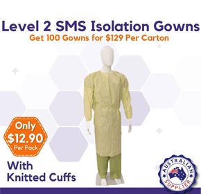  SMS Isolation Gowns with Knitted Cuffs Yellow (Medium or Large)