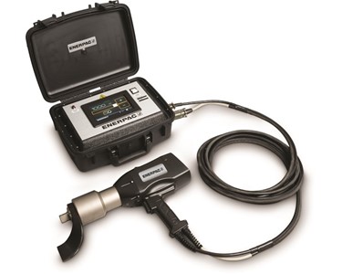 Enerpac’s Electric Torque Wrench with its control box, featuring a 7 inch touch screen for added simplicity.