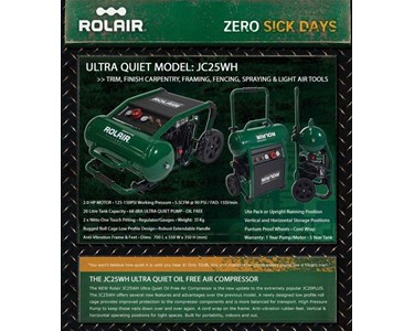Rolair - 2HP Ultra Quiet Oil Free Air Compressor | JC25WH 
